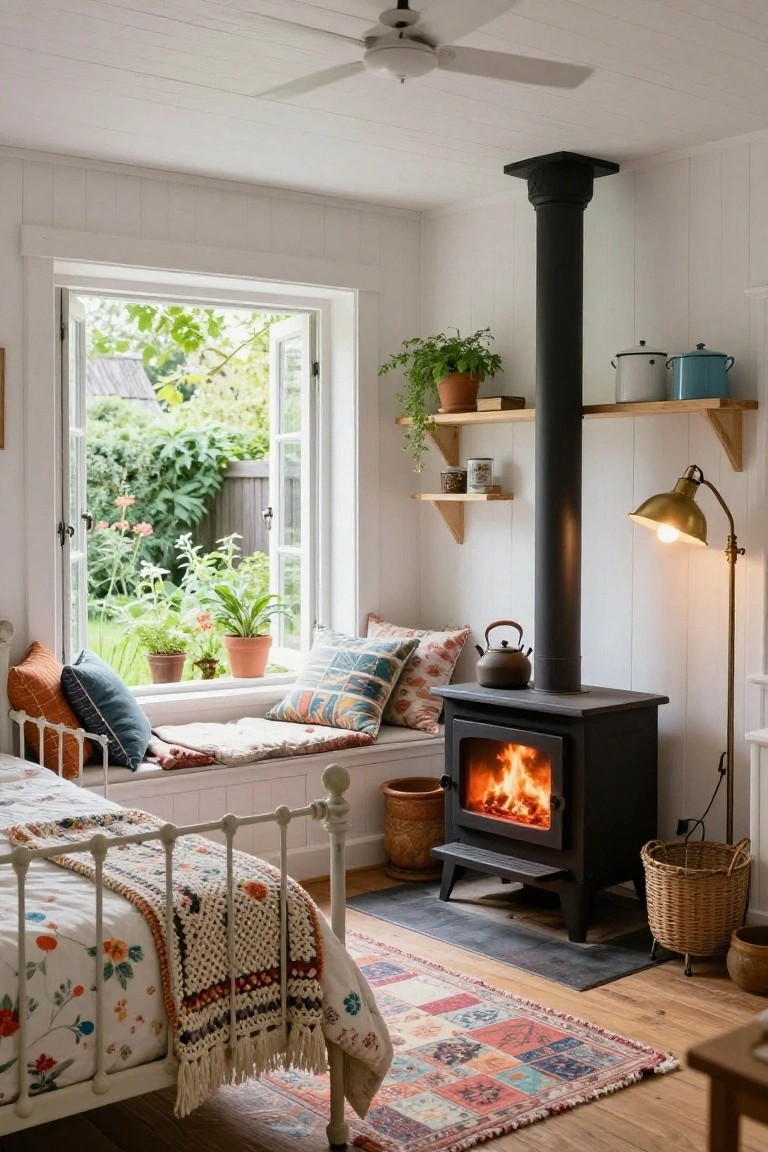 Cozy bedroom interior with white shiplap walls, open window showing garden view, built-in cushioned window seat, wood-burning stove fireplace, iron bed with floral bedding, shelves with plants and pots.