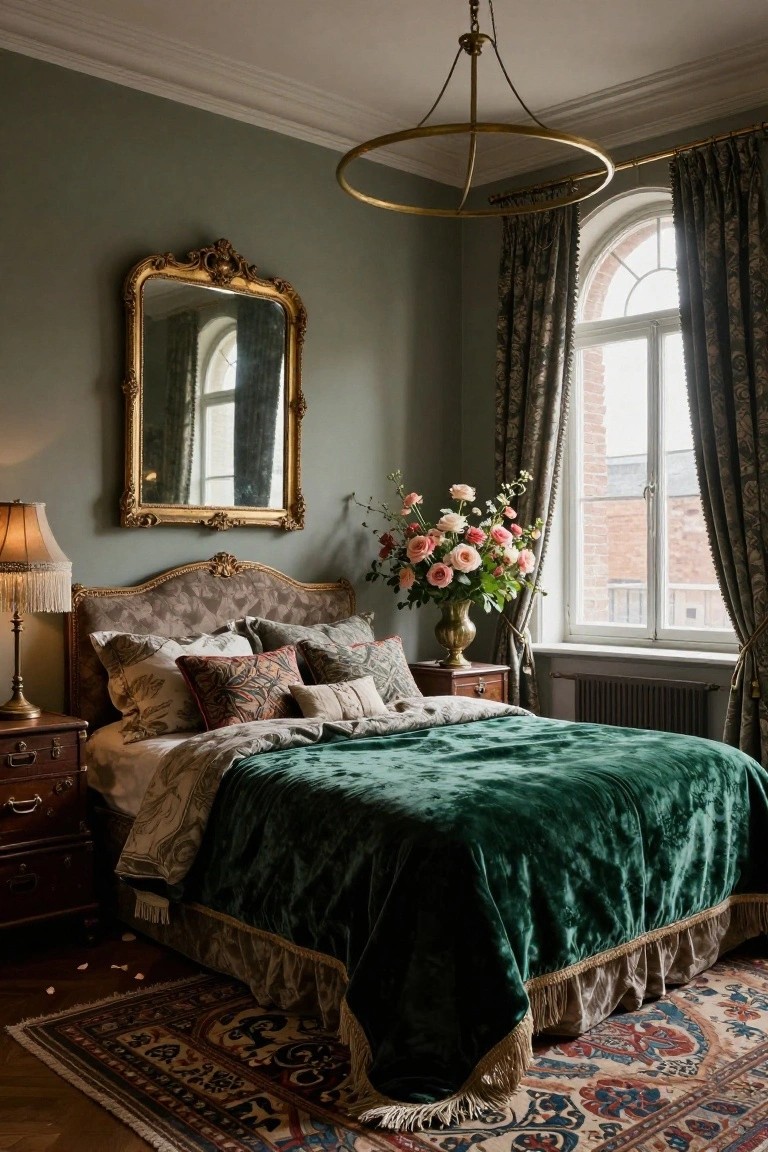 Sage green bedroom corner with emerald green velvet bed draped over white sheets, tufted fabric headboard, antique wooden nightstand, brass lamp, gilded mirror on wall, and bouquet of roses near arched window with dark drapes.