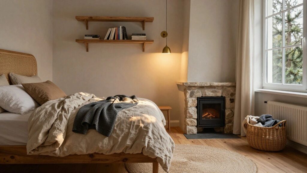 23 Cozy Bedroom Ideas for Couples That Feel Intimate Bedroom interior with a gas fireplace in a stacked stone wall, wooden bed with beige linens and gray throw, window showing pine trees, wall shelves with books, and brass wall lamp lit up.