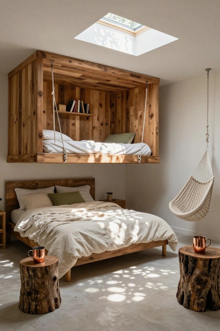 Bedroom with suspended wooden loft bed featuring built-in bookshelves and bedding above a lower wooden bed, tree trunk side tables, white hanging hammock chair, and skylight overhead.