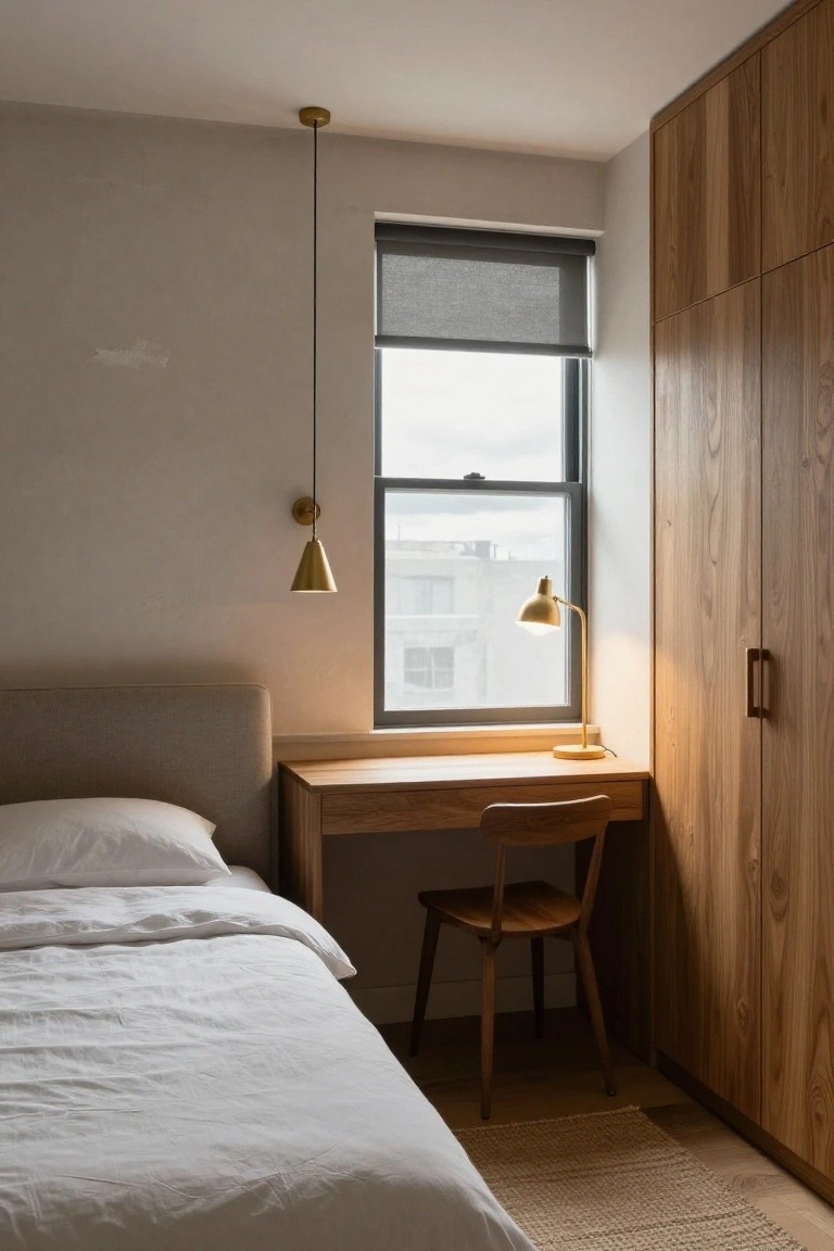 Bedroom interior with white bed on upholstered headboard, wooden desk and chair, tall wooden wardrobes, gold pendant lights, desk lamp, and window with gray roller shade.