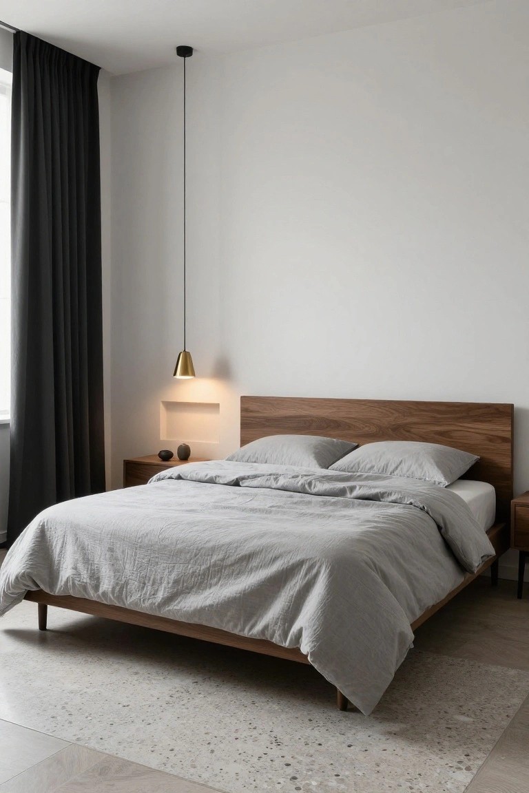 Minimalist bedroom with a low wooden bed frame and headboard in walnut tone, gray linen bedding and pillows, matching nightstands with ceramic vases, a gold pendant light hanging above, black floor-length curtains on one wall, white walls, and a light terrazzo floor.