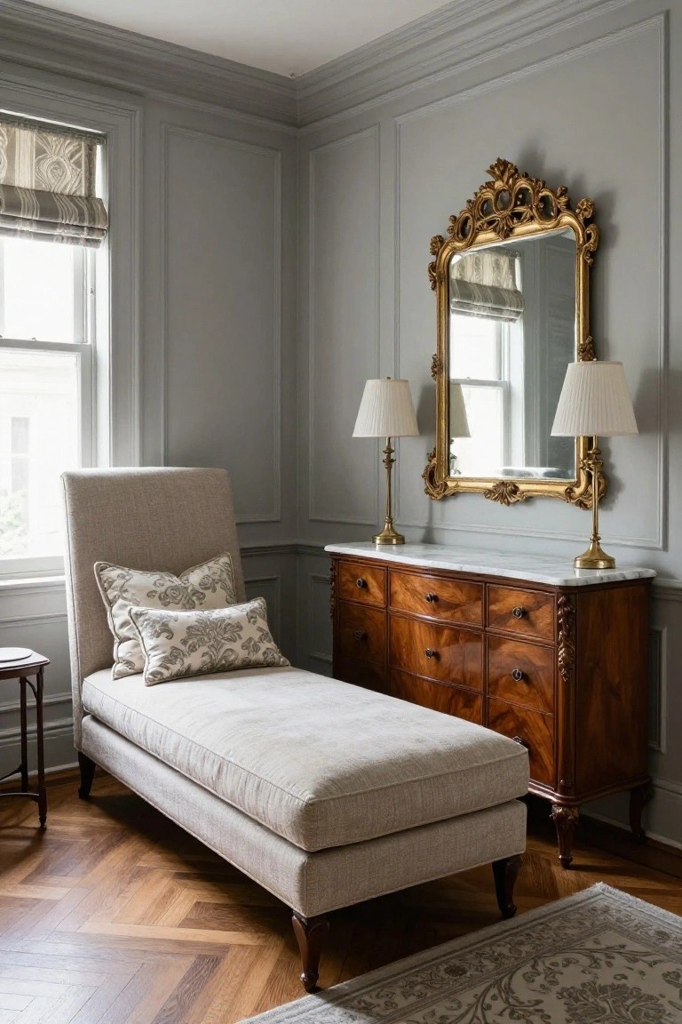 Elegant gray room featuring a chaise lounge, vintage mirror, wooden dresser, and lamps.
