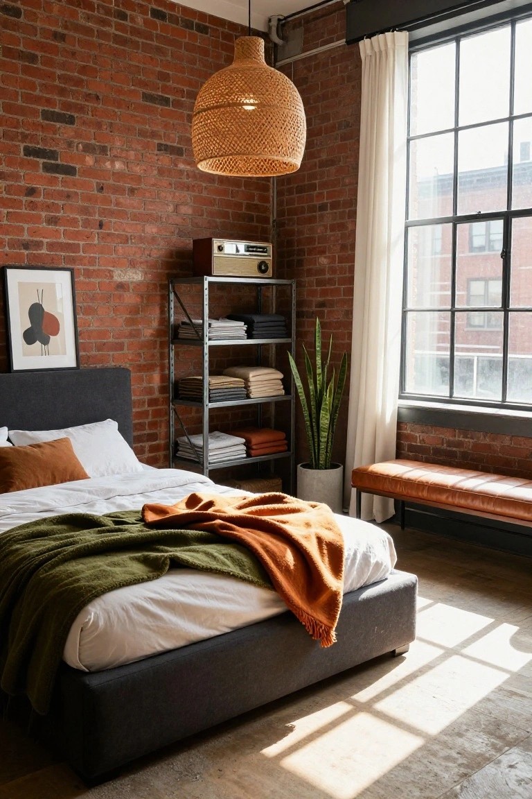 Bedroom with exposed brick walls, platform bed covered in white sheets and layered green and orange knit throws, open metal shelving unit holding folded linens and towels, potted snake plant, leather bench, rattan pendant lamp, and large window with white curtains.