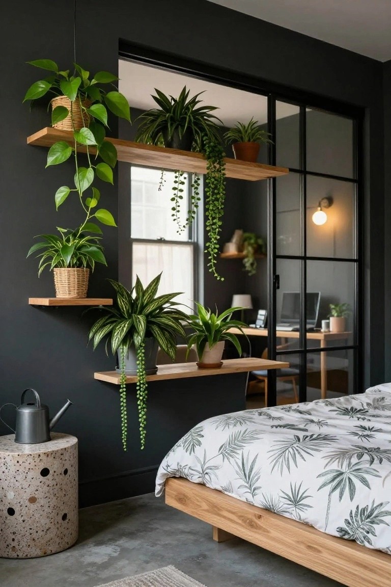 Dark bedroom wall with multiple wooden floating shelves holding various potted plants including trailing vines and upright greens, a metal watering can on a speckled stool nearby, glass doors to a desk area, and a bed with white leaf-patterned duvet in the foreground.