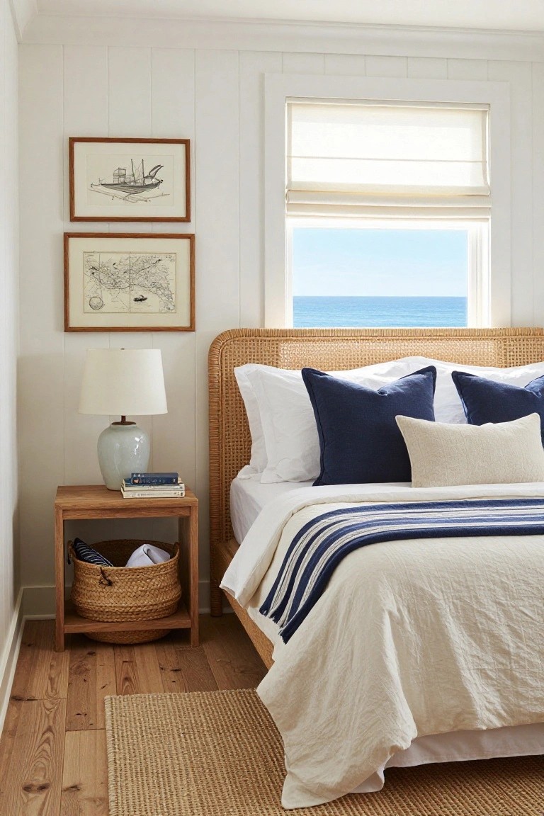 A bedroom with white shiplap walls, a rattan bed frame, navy and white pillows and bedding, wooden nightstand, and a window showing the ocean.