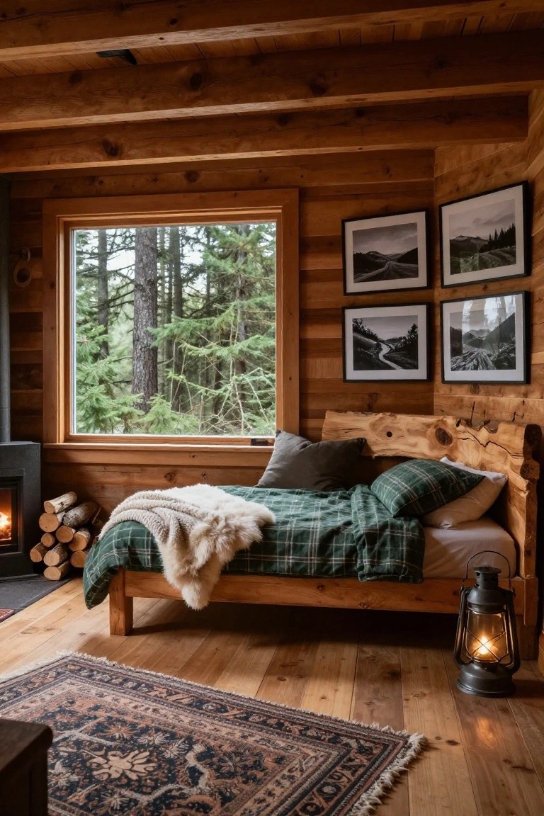 Log cabin bedroom interior with wooden walls and ceiling, live-edge wooden daybed with green plaid bedding and sheepskin throw, stone fireplace, lantern, Persian rug on wood floor, and large window showing evergreen forest.