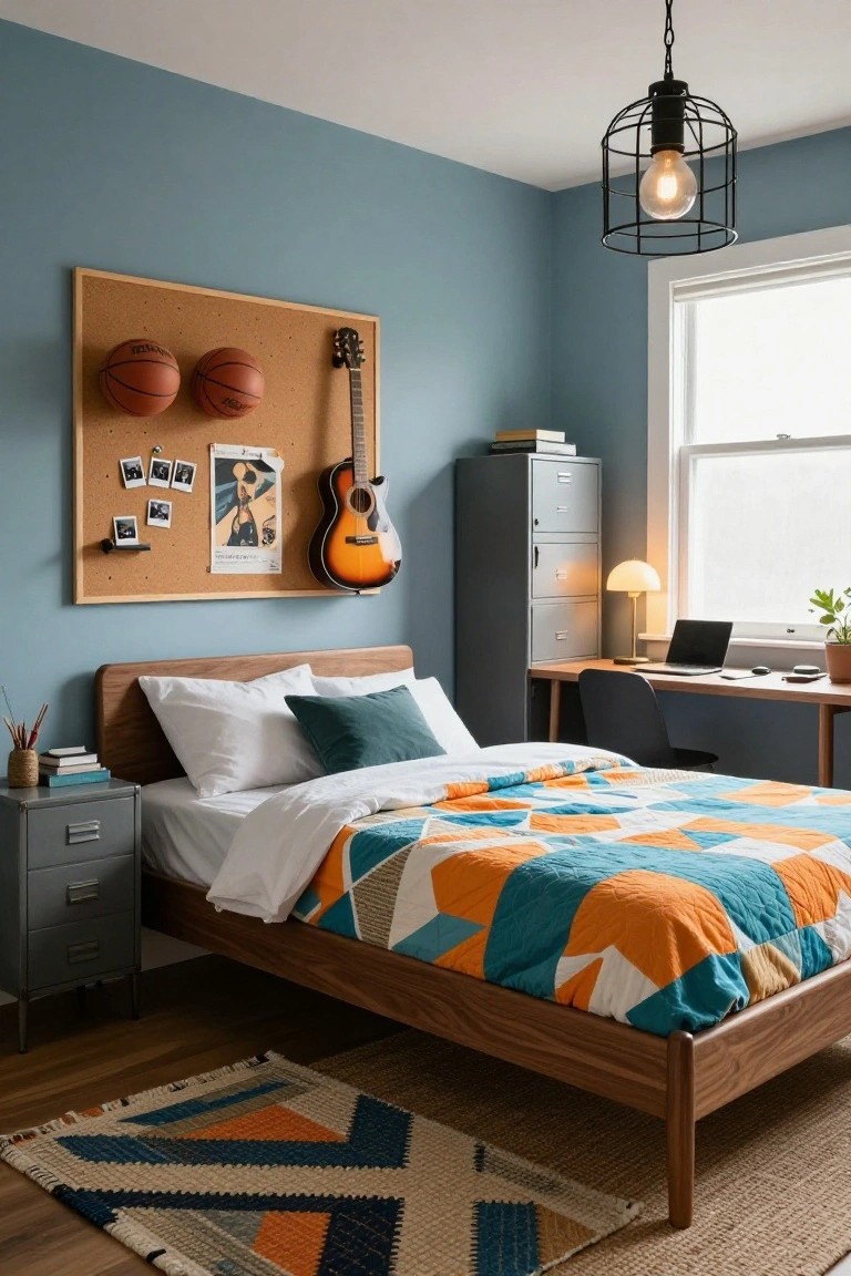 Bedroom interior with light teal walls, wooden bed covered in orange and teal geometric quilt, gray metal filing cabinets as nightstand and storage, corkboard wall holding basketballs and guitar, desk with laptop and chair, industrial pendant light, and woven rug.