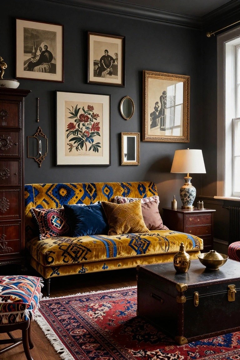 Dark gray walled room featuring a yellow and blue patterned velvet sofa with assorted pillows, wooden side tables, brass decor, eclectic framed artwork, a Persian rug, and a patterned footstool.