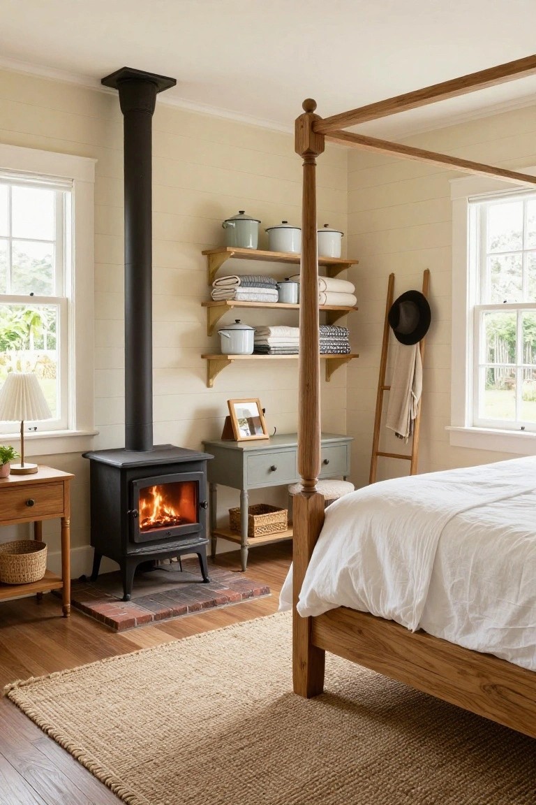 Bedroom interior with freestanding black wood-burning stove lit with flames, wooden four-poster bed with white linens, open wooden shelves holding pots and folded towels, ladder rack with hat and throw, side tables, seagrass rug, and double windows showing greenery outside.