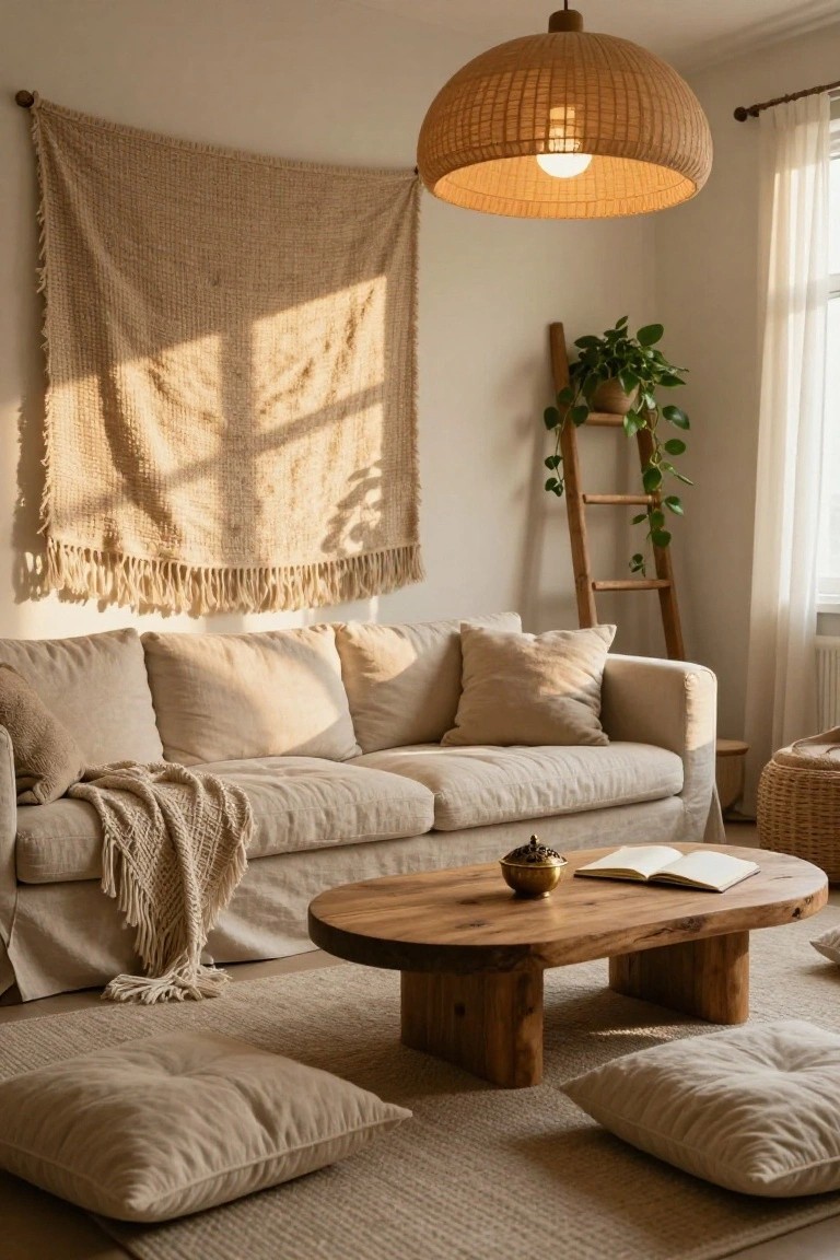 A light beige living room with a large woven beige tapestry on the wall, linen sofa with knit throw, low oval wooden coffee table holding a book and brass bowl, beige floor cushions, wooden ladder holding potted plants, rattan pendant light, and sheer curtains.