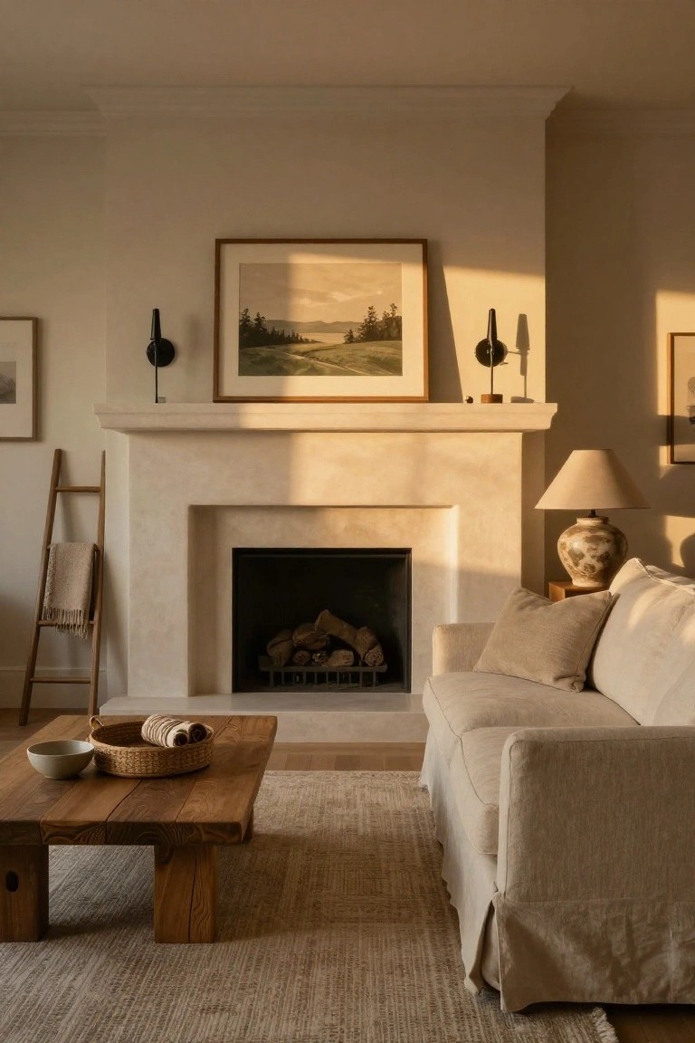 A beige living room with a creamy stone fireplace mantel, stacked firewood inside, cream linen sofa, wooden coffee table, woven basket, ladder with throw blanket, and wall lamps.