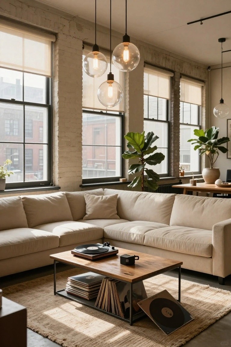 Living room with exposed beige brick walls, large black-framed windows with sheer shades, beige L-shaped sectional sofa, wooden coffee table holding vinyl records and a mug, potted fiddle leaf fig plants, and hanging globe pendant lights over a seagrass rug.