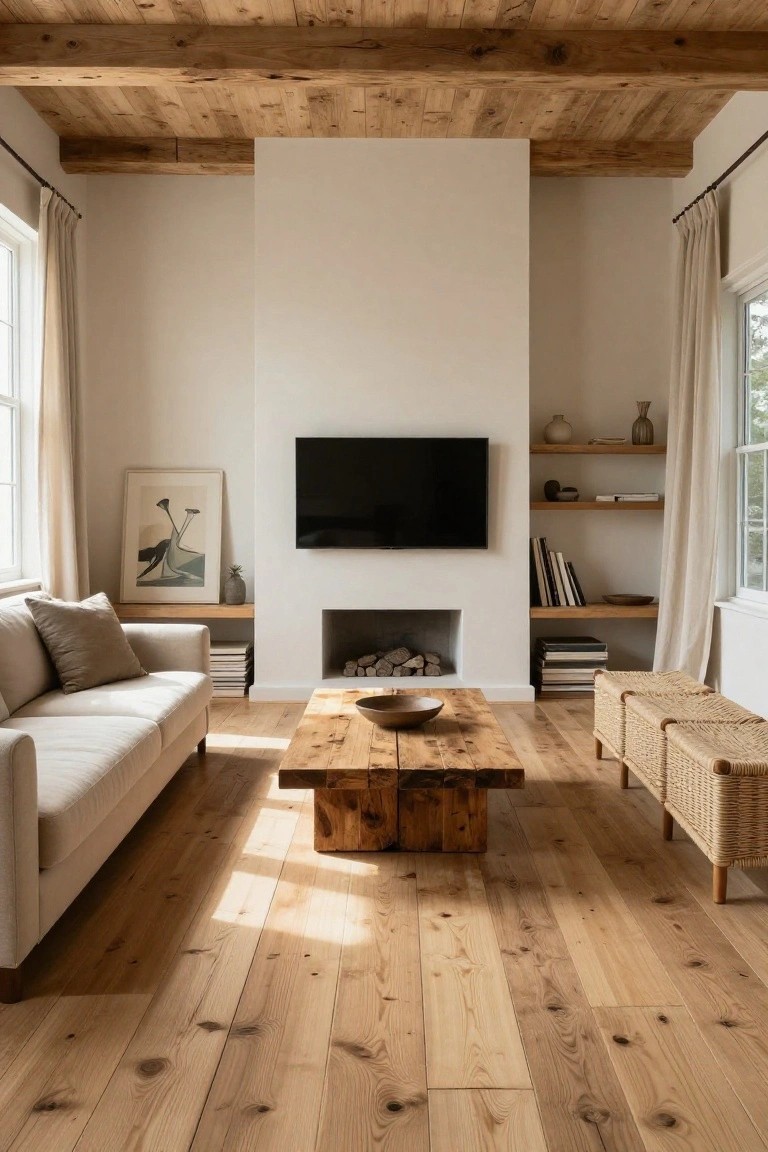 A living room with exposed wooden ceiling beams, pale walls, a white fireplace wall with mounted TV and shelves, beige sofa, wooden coffee table, wicker benches, and light wood floors.