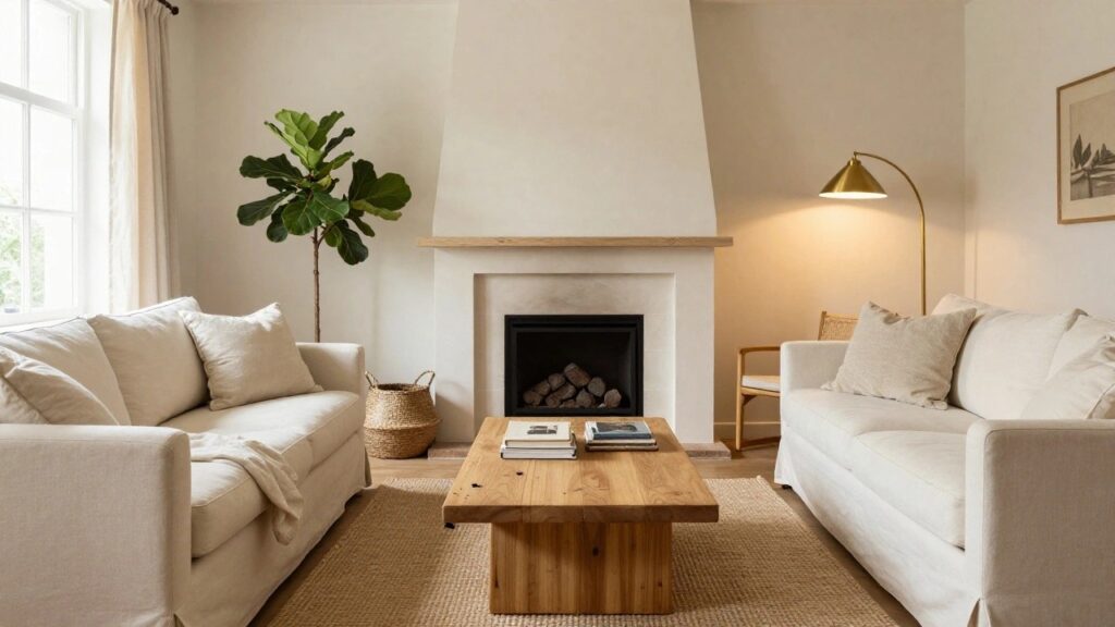 23 Cozy Beige Living Room Ideas That Look Airy and Light Beige living room with cream linen sofa draped in a white throw, rectangular oak coffee table topped with stacked books, seagrass rug, fiddle leaf fig plant beside gold arc floor lamp, woven basket, and white fireplace with beige brick surround.