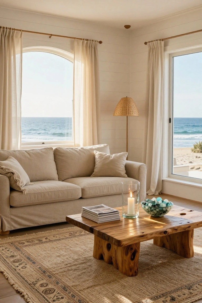 Beige linen sofa in corner living room with arched window and sliding glass door covered in sheer curtains, overlooking ocean beach, rattan lamp, wooden coffee table with candle, glass bowl of blue stones, and stacked magazines.