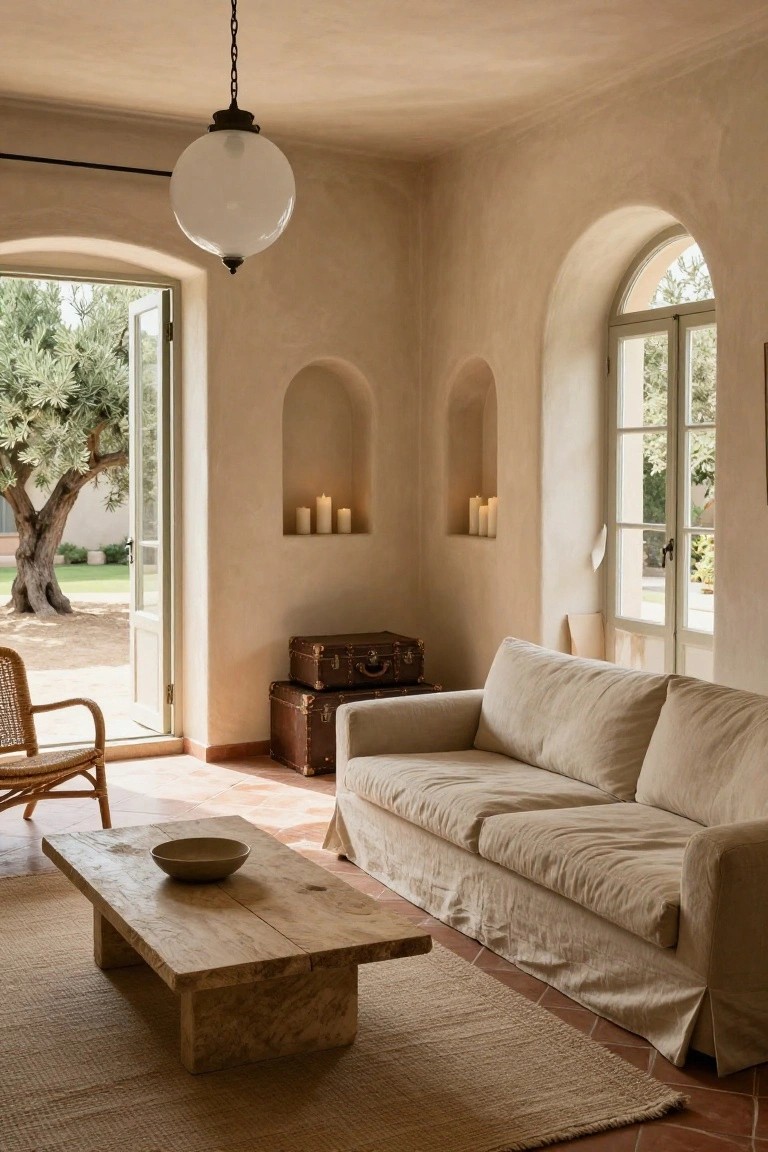 Beige living room with limewashed plaster walls, arched niches holding candles, open French doors and windows to garden with olive tree, slipcovered linen sofa, rattan chair, wood coffee table, jute rug, and terracotta tile floor.
