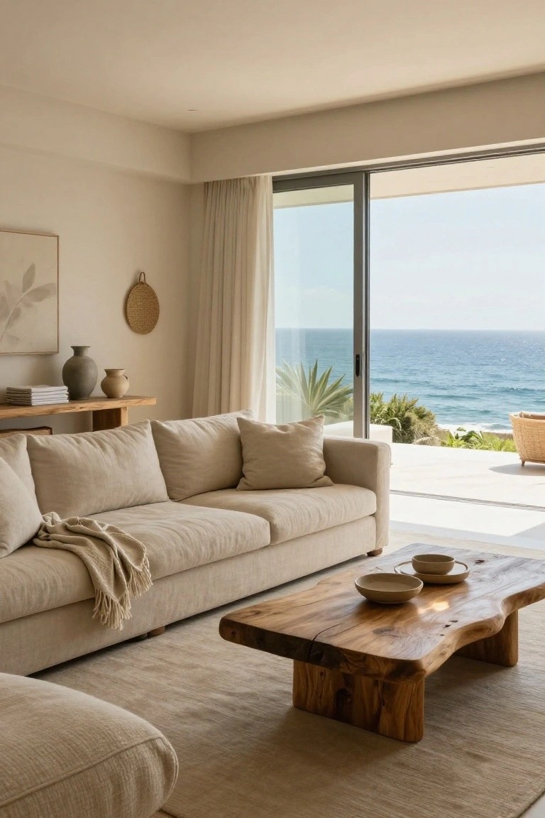 Beige linen sofa and ottoman in a light living room with live-edge wood coffee table, ceramic bowls, sliding glass doors open to ocean view, neutral side table with vases and woven wall hanging.