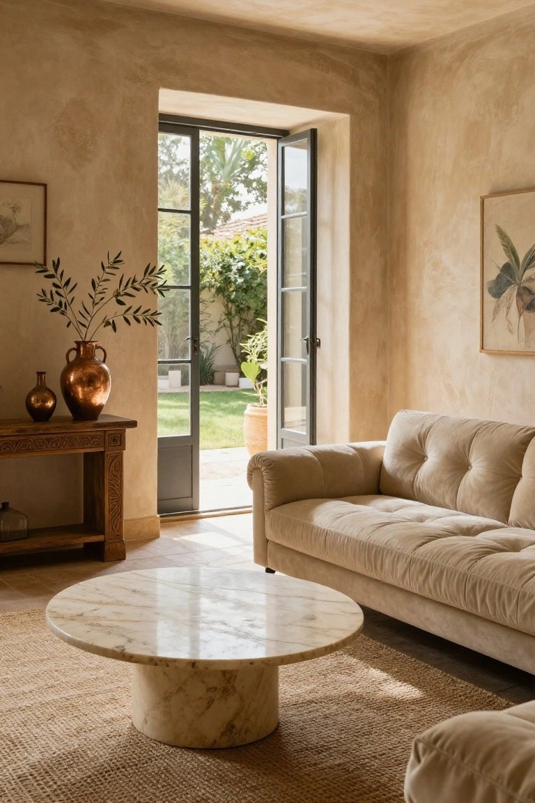 Beige living room with textured walls, wooden console table holding copper vases with olive branches, cream tufted sofa, round marble coffee table on seagrass rug, and open black French doors revealing a garden outside.