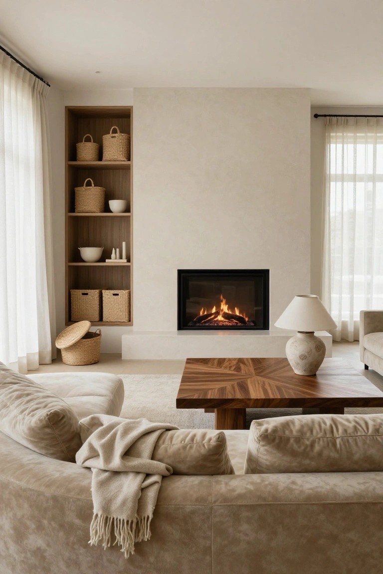 Beige living room with a modern fireplace in a plaster wall flanked by built-in wooden shelves containing wicker baskets, a curved beige sofa, wooden coffee table, and sheer curtains on windows.