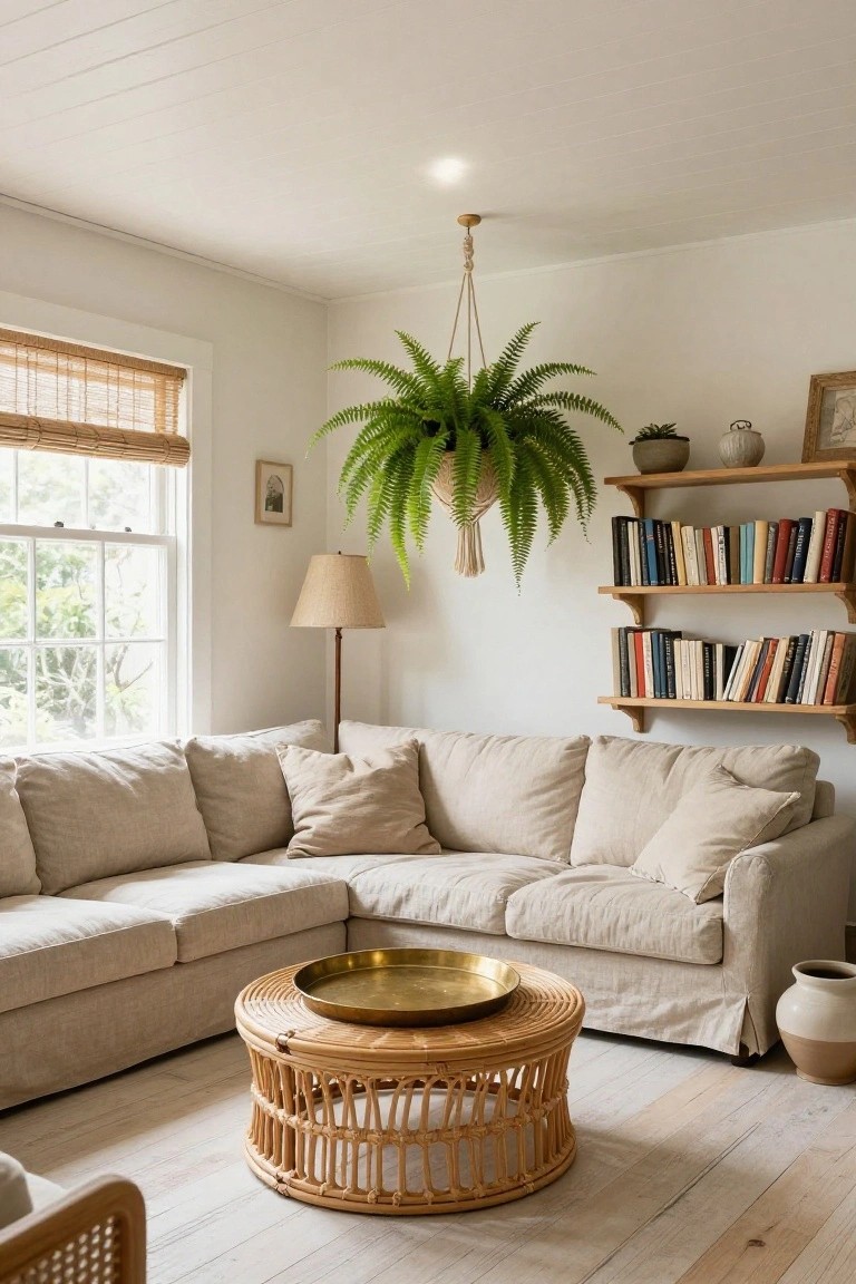 Cozy living room corner with beige linen L-shaped sofa, round rattan coffee table holding brass tray, large hanging fern plant from ceiling, wooden floating bookshelves filled with books, floor lamp, potted ceramics, bamboo window blinds, and white shiplap walls on light wood floors.