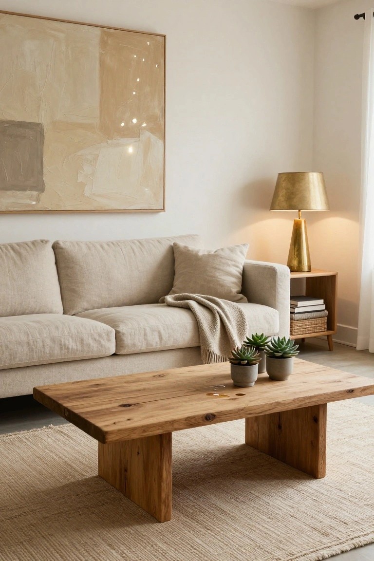 Beige linen sofa in a white-walled living room with rectangular rustic wooden coffee table, gold lamp on wood side table holding books and basket, abstract beige artwork on wall, potted succulents on table and side table, light rug underneath.