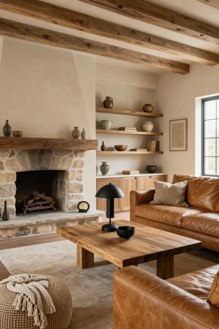 Beige living room with exposed wooden ceiling beams, arched stone fireplace topped by wooden mantel, tan leather sofa, wooden coffee table, built-in wooden shelves holding pottery, and large window.