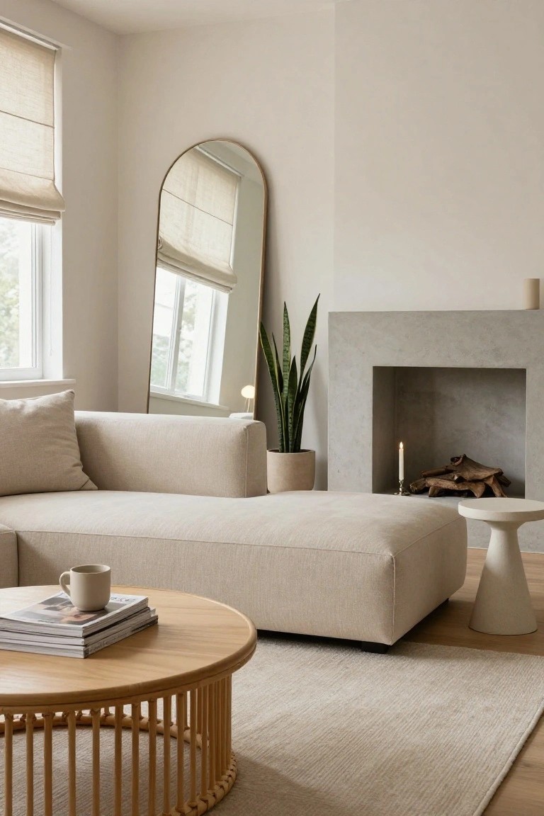 Beige L-shaped sofa in a light living room with round rattan coffee table, tall gold arched mirror reflecting windows and blinds, potted snake plant next to concrete fireplace with candle and driftwood.