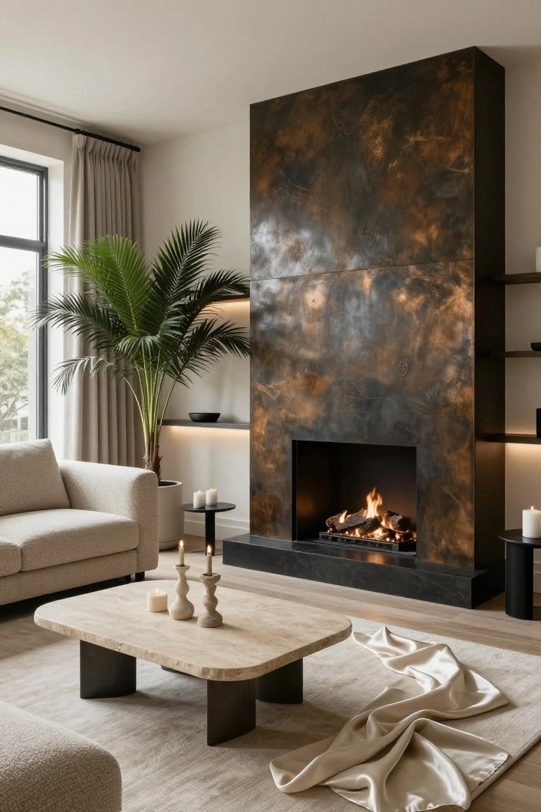 A modern beige living room with a tall vertical textured bronze metal fireplace wall, lit gas fire, cream curved sofa, low travertine coffee table with white candles, large potted palm plant next to tall windows with cream curtains, and light wood floors.