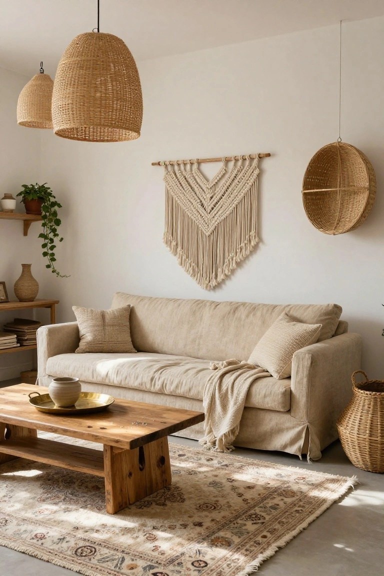 A light beige living room with a linen-covered sofa, wooden coffee table, woven rattan pendant lights hanging from the ceiling, a large macrame wall hanging, wicker baskets, potted plants, and a patterned rug on a light floor.