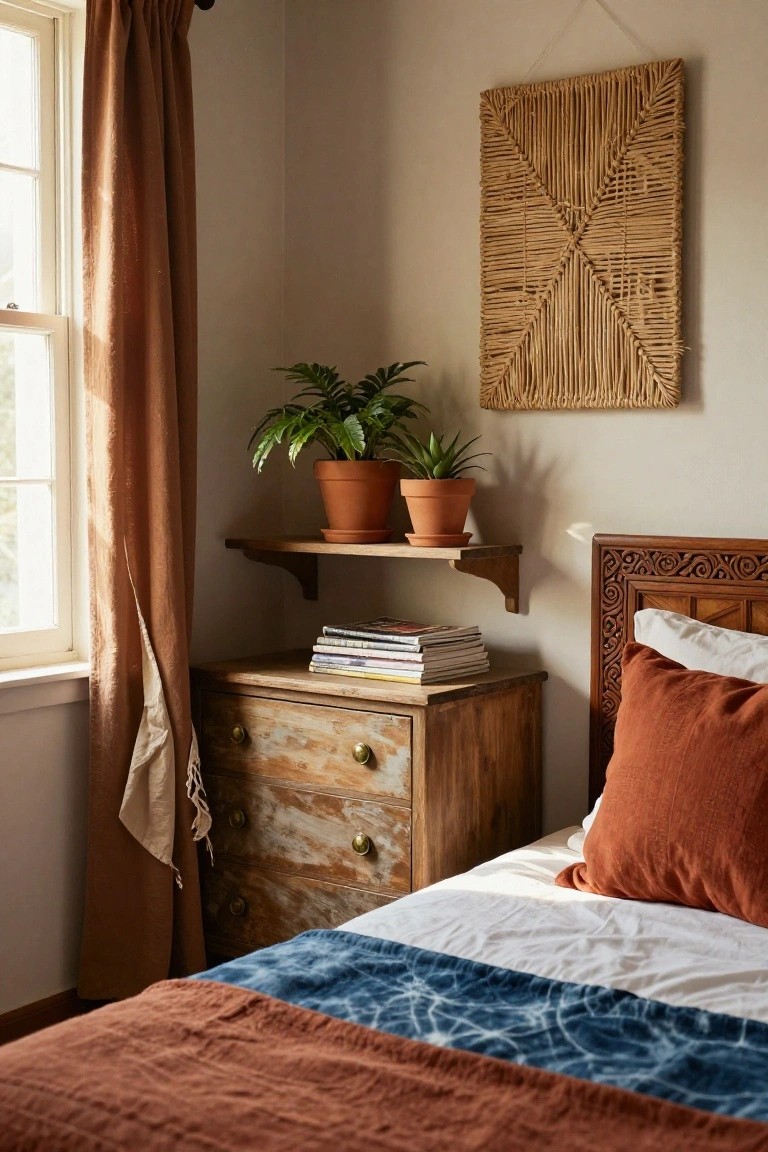 Bedroom corner with a wooden bed draped in rust and indigo blankets, distressed wood dresser with magazines on top, floating wooden shelf holding two potted plants in terracotta pots, woven wall hanging, and rust curtains at the window.