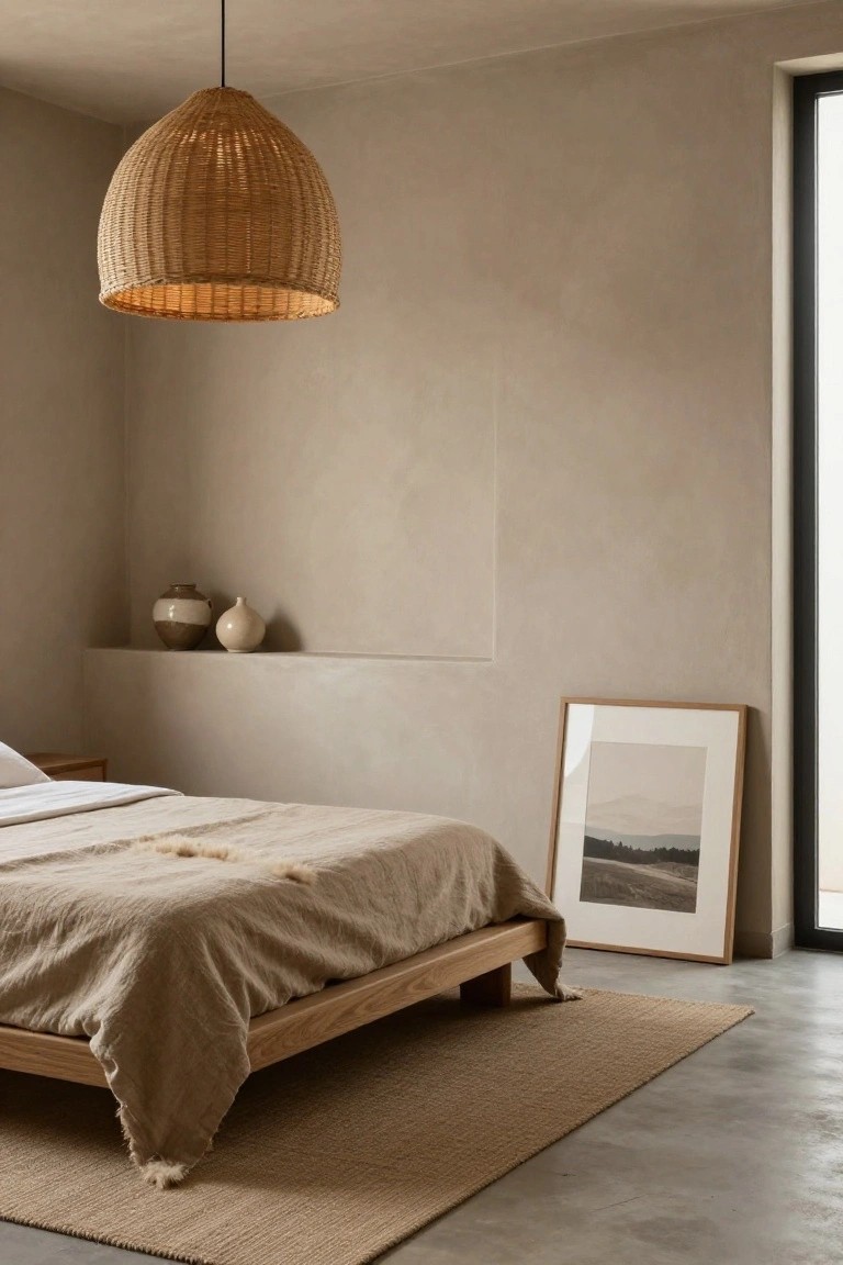 Bedroom with low wooden platform bed draped in beige linen sheets and throw, large woven rattan pendant lamp overhead, beige textured walls with built-in niche holding two ceramic vases, tall framed black-and-white landscape photo leaning on floor, seagrass rug on polished concrete floor, and large window.