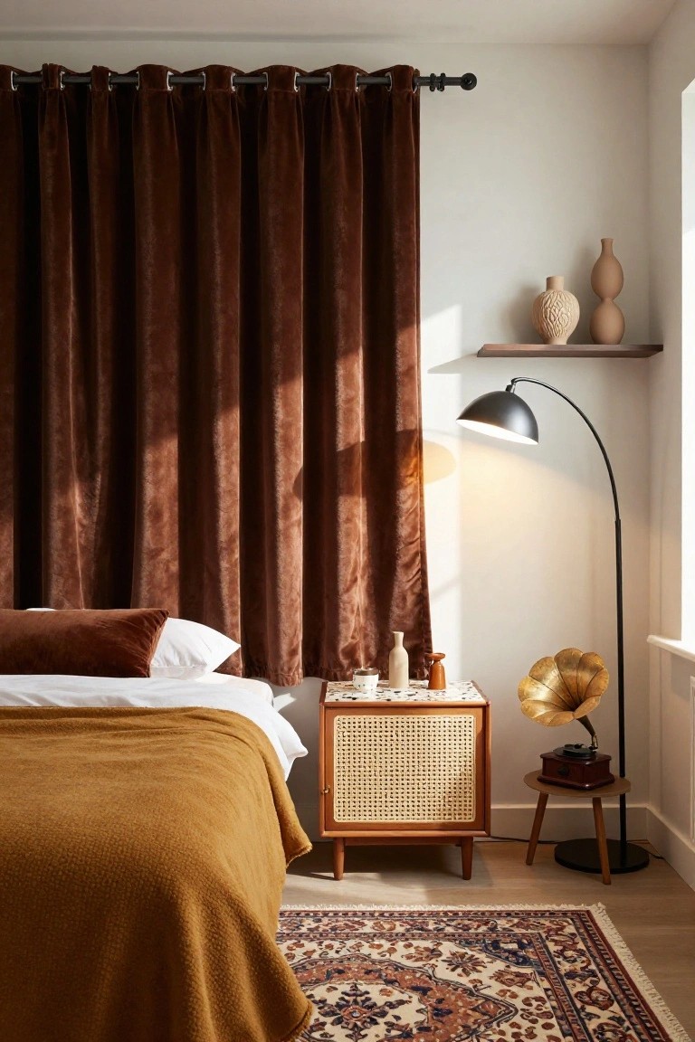 Bedroom interior with brown velvet curtains on a window, a bed with white sheets and mustard throw, rattan nightstand topped with a gramophone and vase, black arc floor lamp, floating wood shelf with beige vases, and multicolored Persian rug on wood floor.