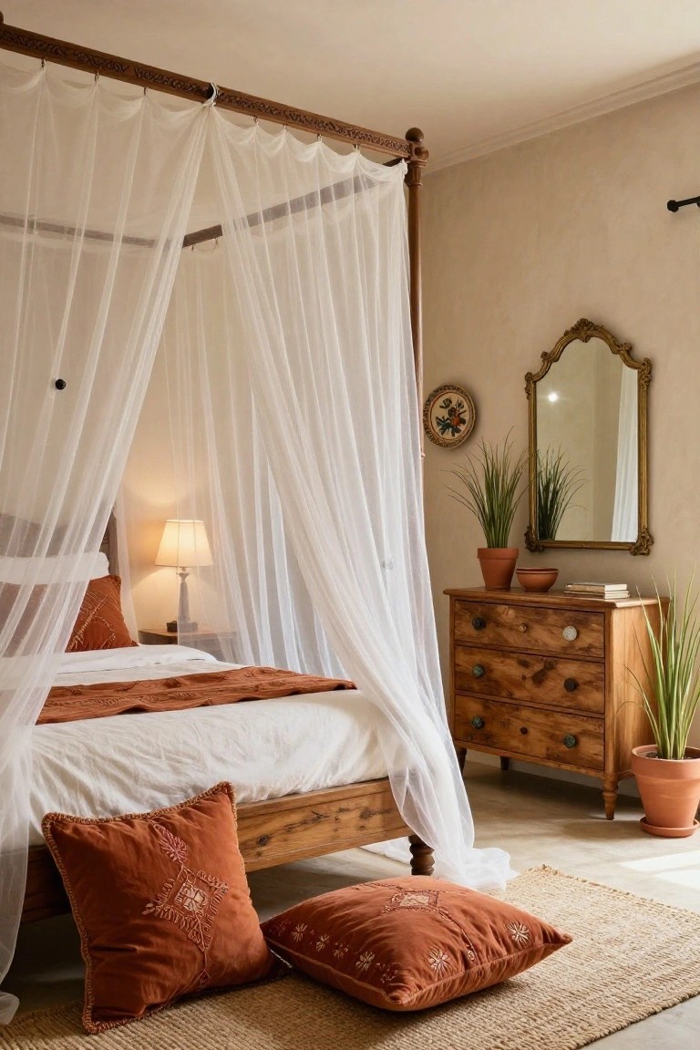 Wooden four-poster bed with white sheer canopy drapes in a beige bedroom with terracotta pillows, wooden dresser, potted plants, and gold-framed mirror.