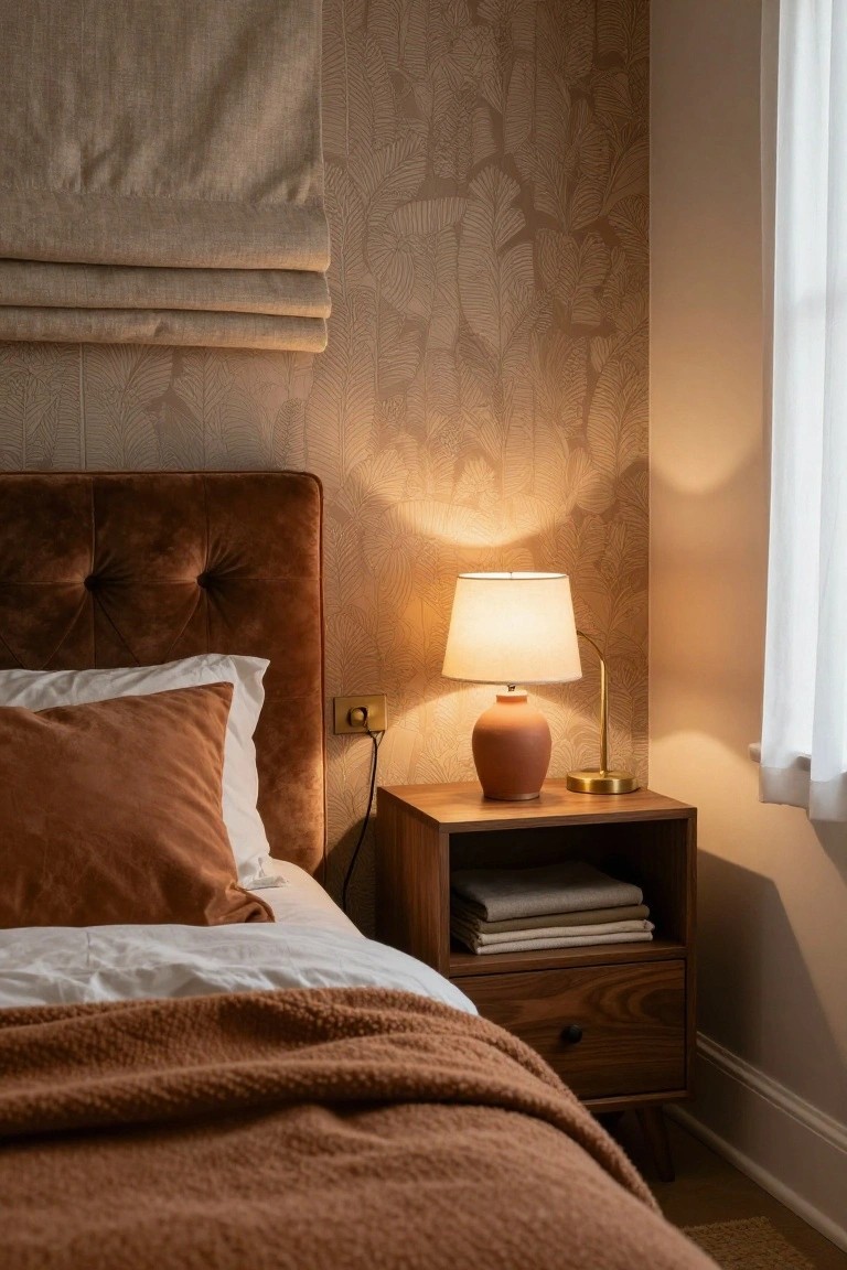 Close-up of a made bed with brown tufted velvet headboard, white sheets topped with orange pillows and throw, wooden nightstand holding stacked linens and a terracotta ceramic lamp with gold base, against leaf-patterned beige wallpaper and sheer window curtains.