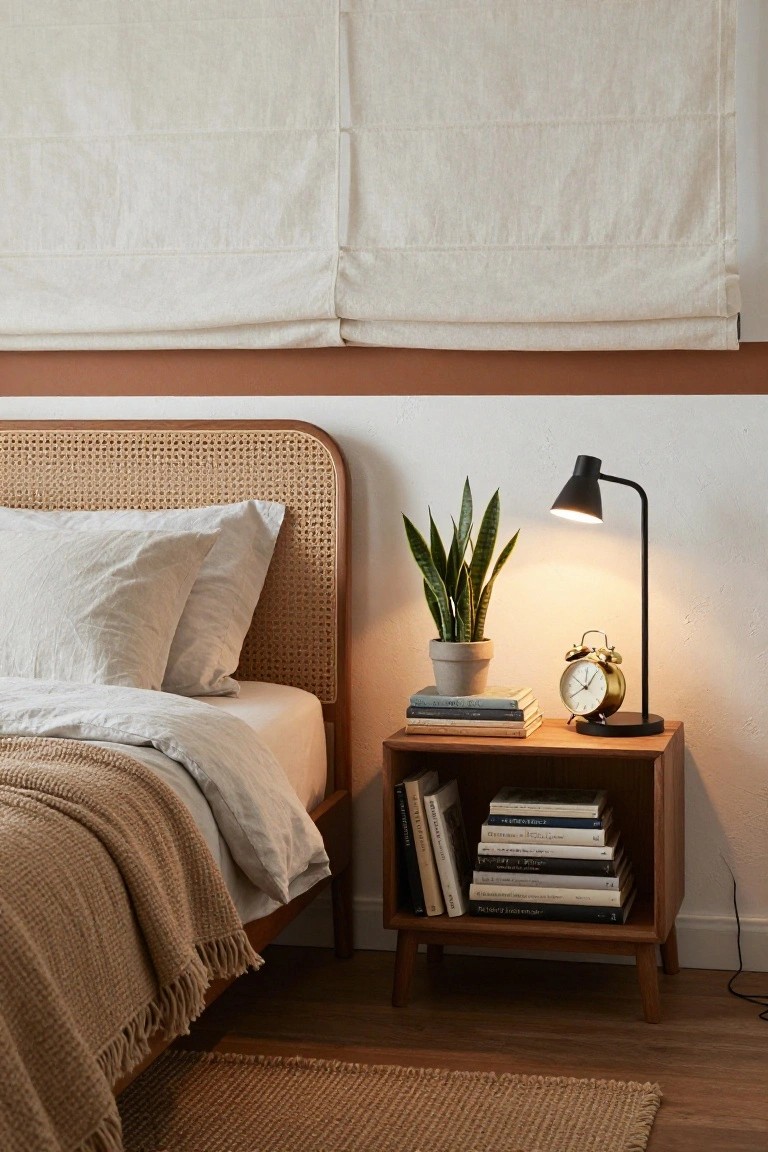 Bedroom corner with rattan headboard bed draped in beige linens and tan throw, wooden nightstand holding stacked books, gold alarm clock, black desk lamp, and potted snake plant, beige curtains on window, terracotta accent wall, seagrass rug on wood floor.