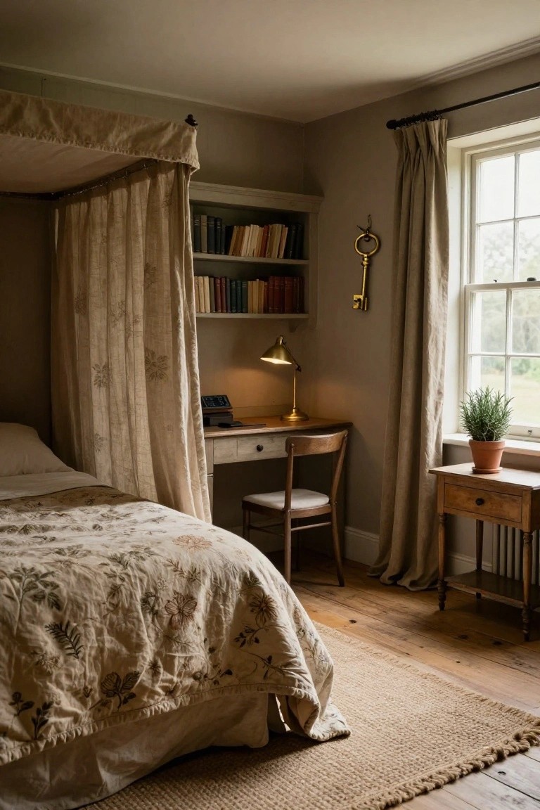 A cozy bedroom interior with a four-poster bed draped in sheer beige linen curtains, an embroidered cream bedspread, wooden desk and chair with brass lamp, built-in bookshelves, and a window with matching curtains.