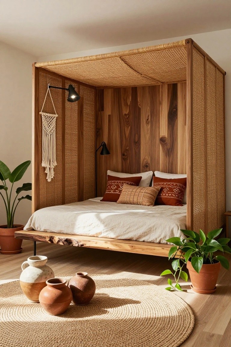 A bedroom with a low wooden bed platform enclosed on three sides by rattan weave panels and topped with a rattan canopy, white bedding, earth-tone pillows, potted plants, macrame hanging, and terracotta pots on a light wood floor with a round seagrass rug.