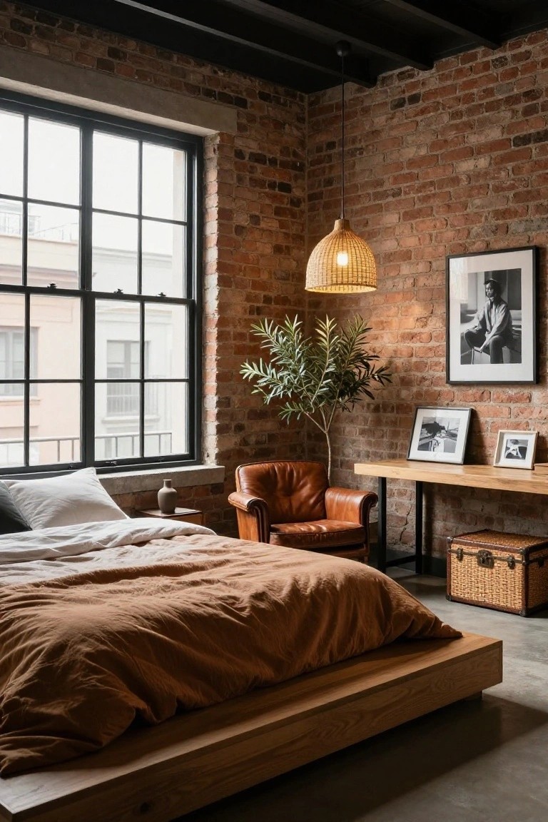 Corner of a bedroom with exposed red brick walls, black metal windows, low wooden platform bed covered in terracotta linens, brown leather armchair, wooden desk, rattan pendant light, and potted olive tree.