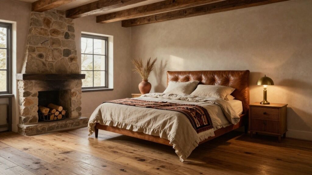 Bedroom interior with brown leather headboard bed draped in beige linens and multicolored woven blanket, wooden nightstand holding gold lamp and pampas grass in terracotta pot, adjacent stone fireplace stacked with logs, exposed wooden beams overhead, and wide plank wooden floors.
