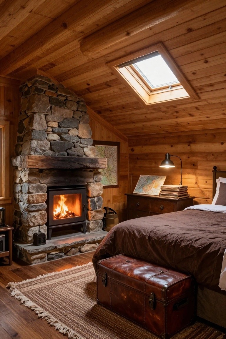 Cozy attic bedroom with wood-paneled walls and ceiling, tall stone fireplace with burning fire, brown bed, leather trunk, skylight, and maps on wooden dresser.