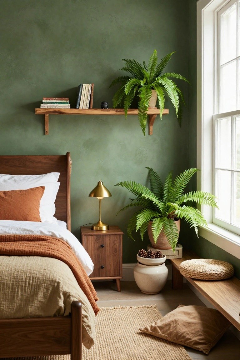 Corner of a bedroom with textured sage green walls, wooden bed frame with white sheets orange pillows and beige throw, gold lamp on wooden nightstand, potted ferns on shelf and floor, books on wooden shelf, white jar with pinecones, seagrass stool and rug near window.