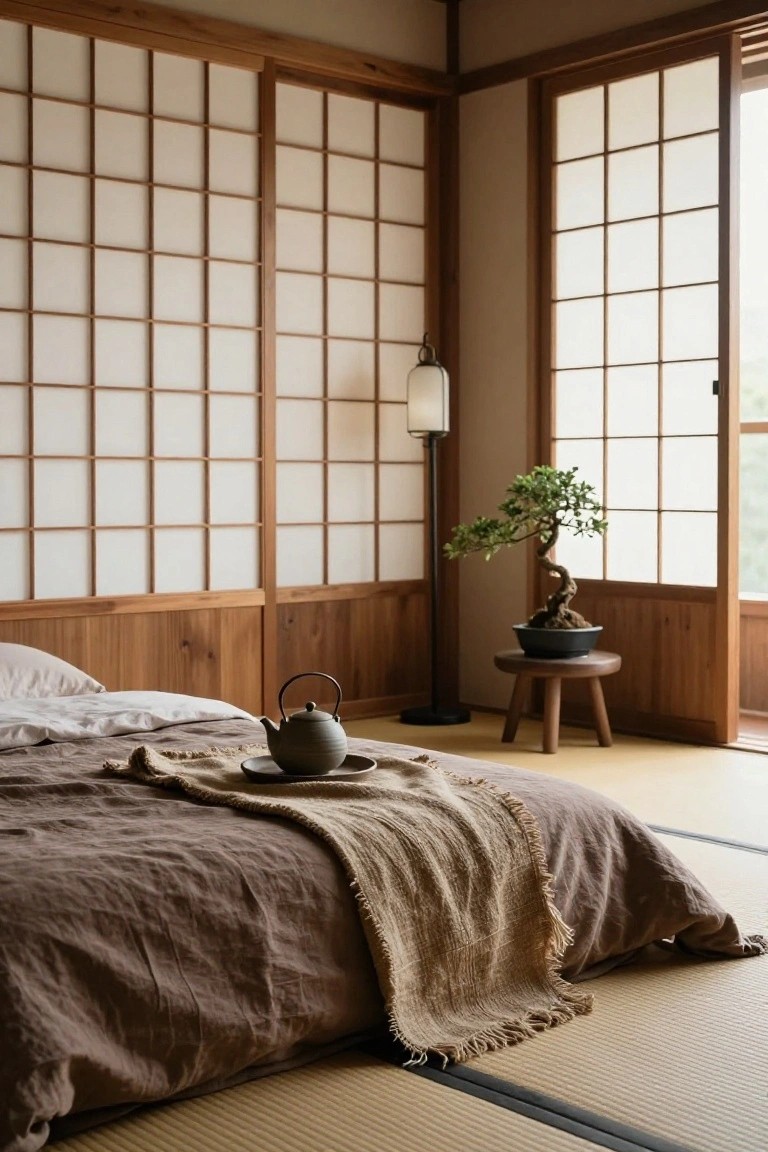 Japanese-style bedroom interior with white shoji screen walls and sliding doors, low bed with beige and brown linens and textured throw, teapot on ceramic tray beside bed, bonsai tree in black pot on wood stool, floor lamp, and tatami mats on floor.