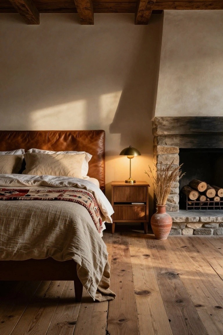 Bedroom interior with brown leather headboard bed draped in beige linens and multicolored woven blanket, wooden nightstand holding gold lamp and pampas grass in terracotta pot, adjacent stone fireplace stacked with logs, exposed wooden beams overhead, and wide plank wooden floors.