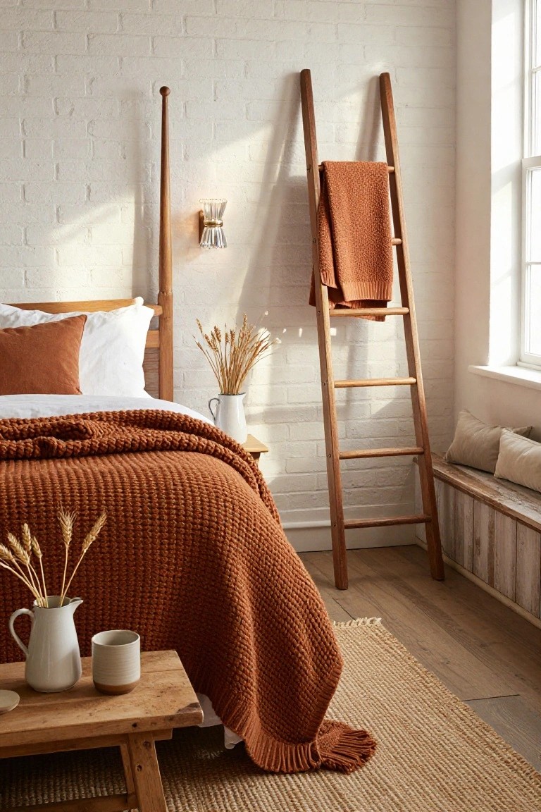 Cozy bedroom featuring white brick walls, wooden four-poster bed with white sheets and rust chunky knit blanket, wooden ladder draped with matching throw, wheat stalks in white pitchers on wooden stool and bedside table.