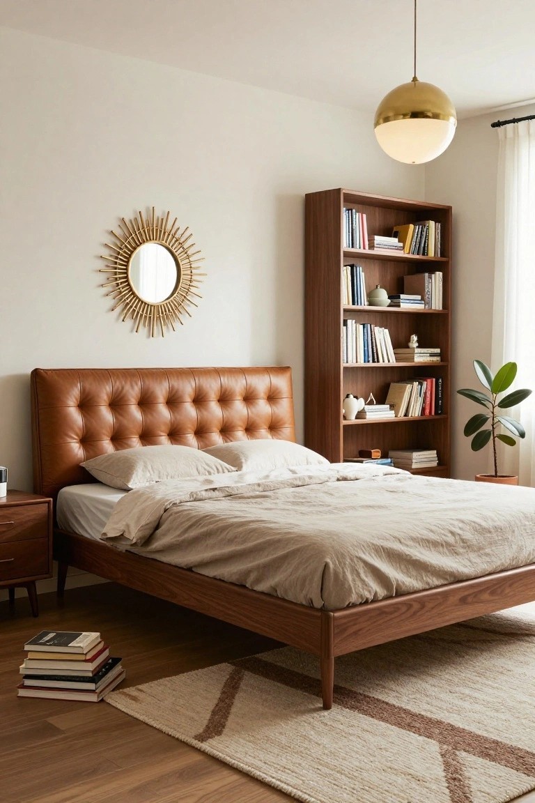 Bedroom with tan tufted leather headboard on wooden platform bed, wooden nightstand and tall bookshelf with books, gold sunburst mirror on wall, beige bedding, and potted plant by window.