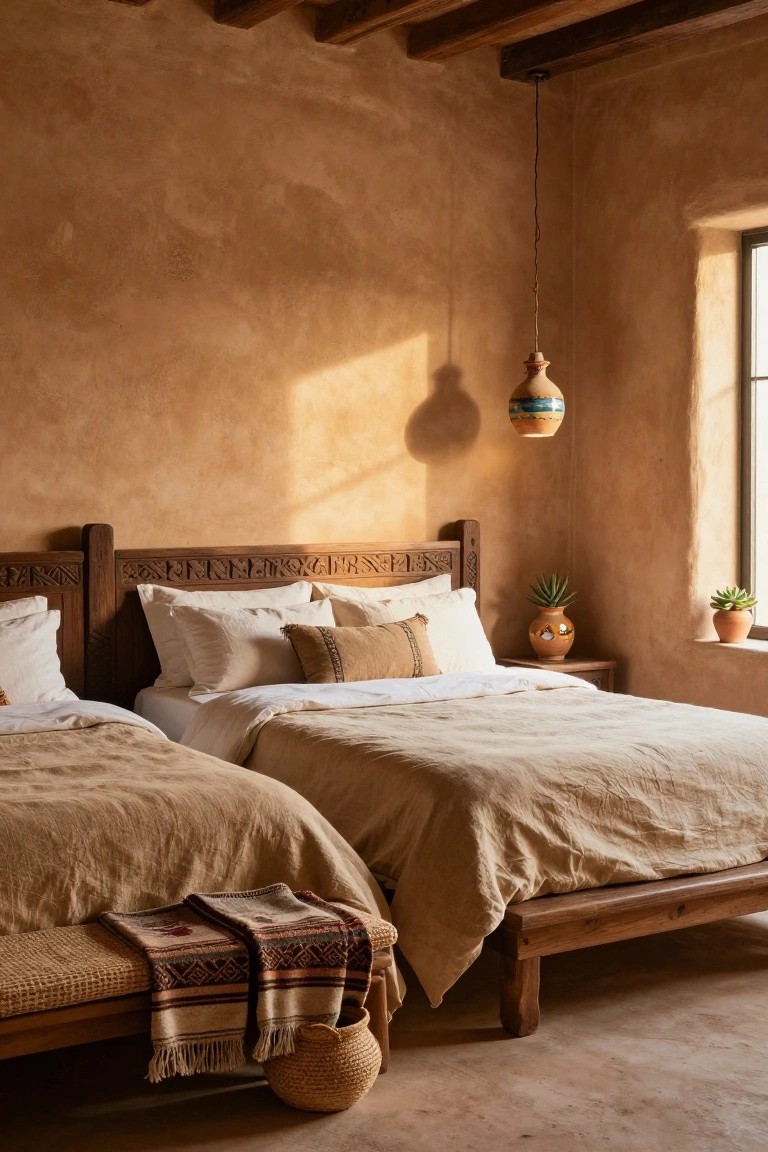 Bedroom interior with two low wooden platform beds draped in beige linens and pillows, against smooth warm terracotta plaster walls, carved headboards, hanging ceramic pendant light, side table with potted plants, and bench with woven blankets.