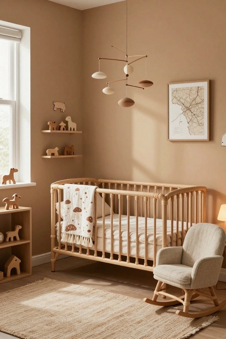 Beige nursery room with wooden crib draped in a star-patterned blanket, rocking chair, shelves holding wooden animal toys, toy cabinet, hanging mobile, and map print on wall.