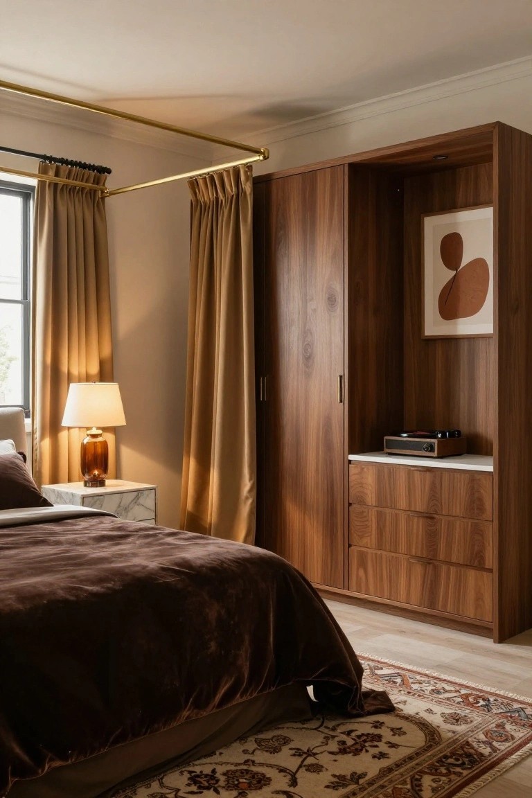 Bedroom with a tall open walnut wood wardrobe beside a bed covered in brown velvet duvet, marble nightstand with glass lamp, beige curtains on gold rod, and patterned rug on wood floor.