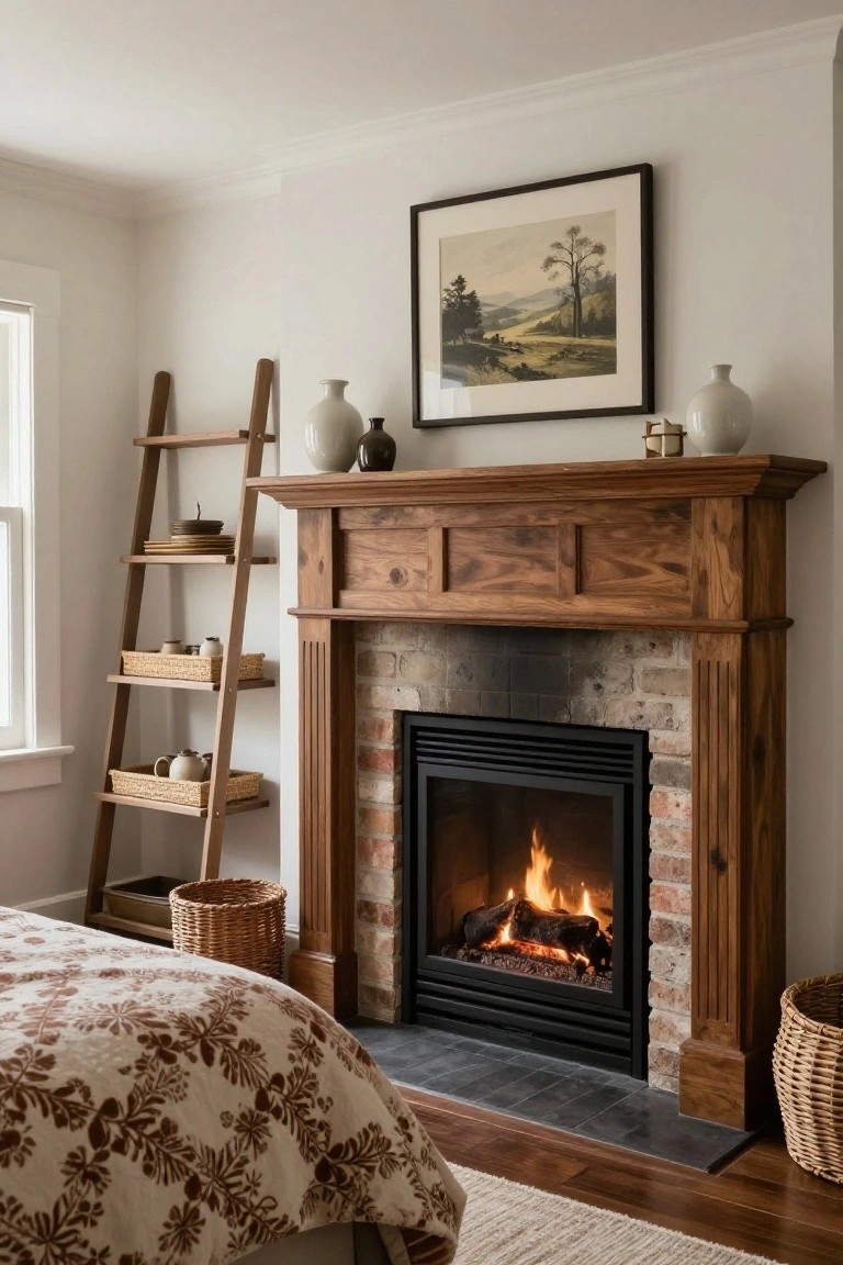 Bedroom interior with brick gas fireplace under wooden mantel, wooden ladder shelf holding ceramics and baskets, bed with brown floral duvet, hardwood floors, and white walls.